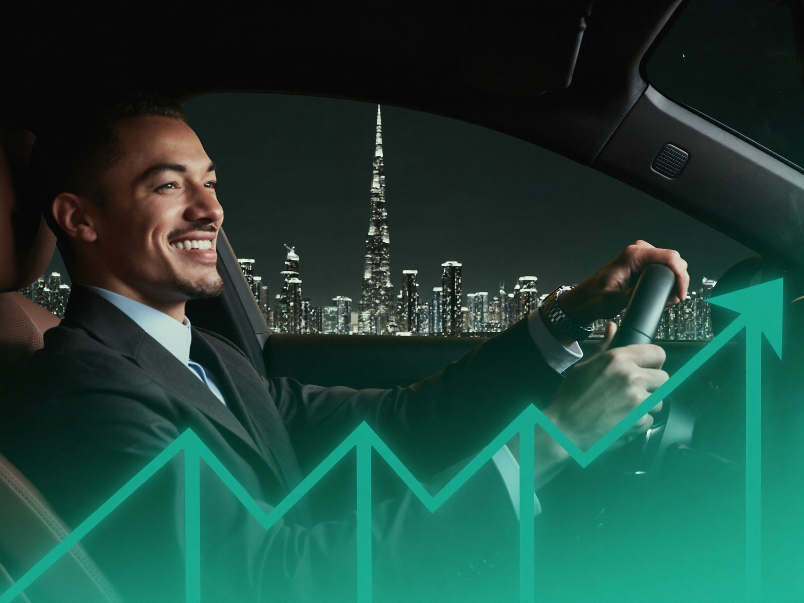 A Rexer driver smiling behind the wheel at night with the Dubai skyline behind him, an upward-trending line symbolizing rising earnings